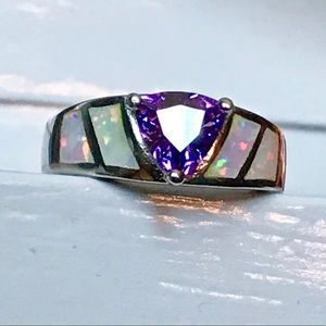 New Solid.925 Sterling Silver Amethyst & Opal Ring